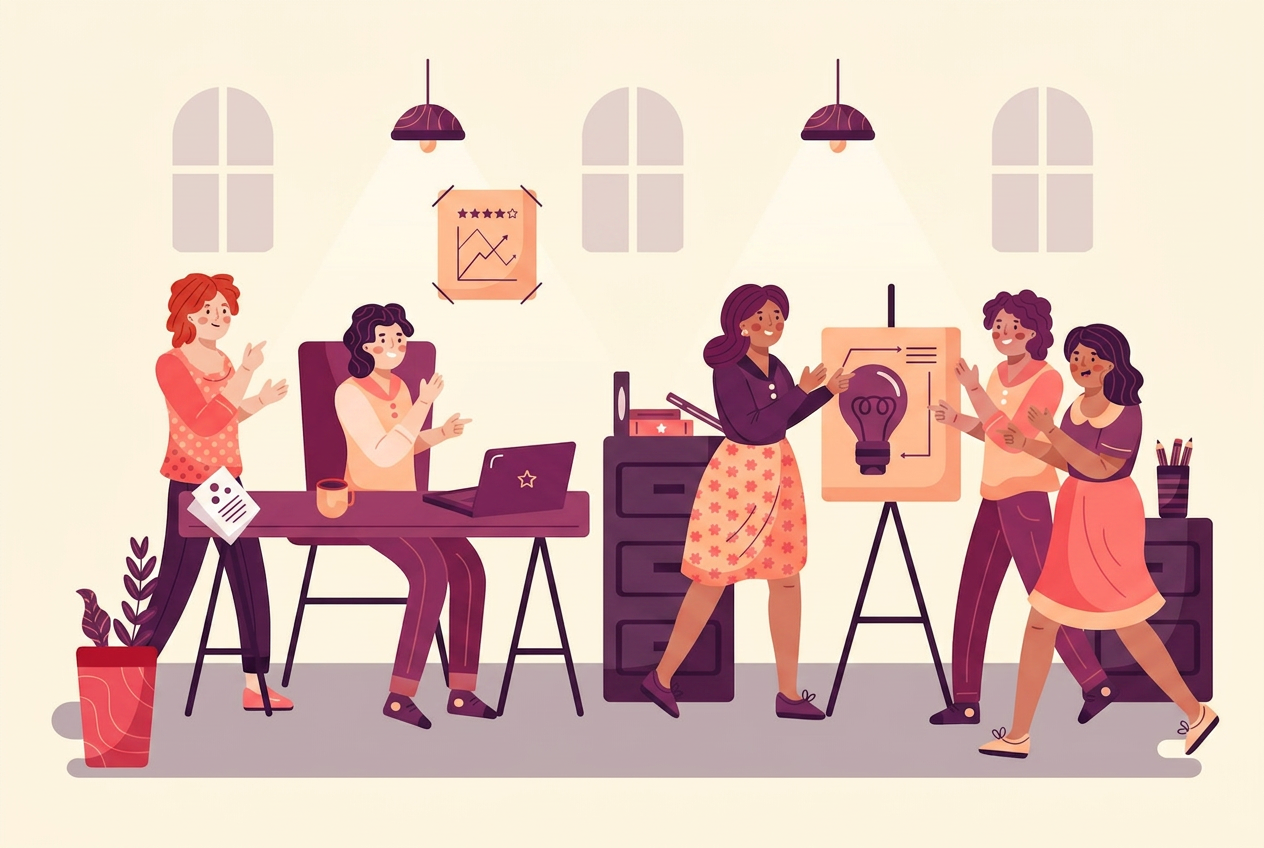 Illustration of diverse professionals collaborating around laptops and an ideas board